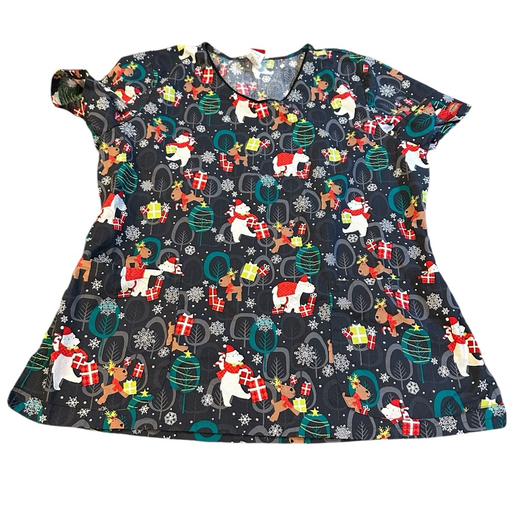 Dickies Christmas Scrub Top Womens SizeSmall Raindeer Polar Bear Holiday Uniform